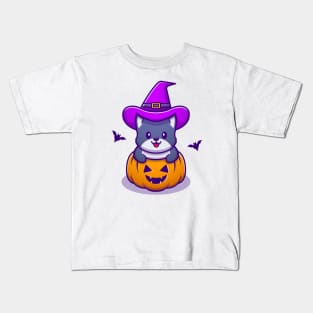 Cute Witch Cat With Pumpkin Halloween Kids T-Shirt